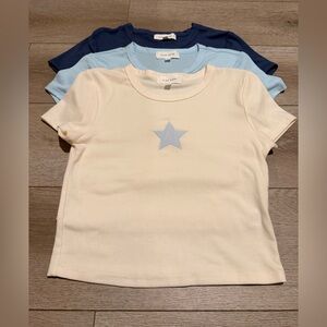 Pink Rose Star Embroidered Crop Tops - Cream, Light Blue, Navy